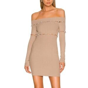 H:ours Beige Bodycon Mini Dress SMALL Cutout Off Shoulder Knit Designer $204 NEW
